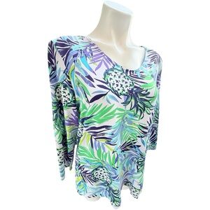 Sunsets and Sweet Tea Tropical Print Scoop Neck Top Lycra and Nylon Sz L